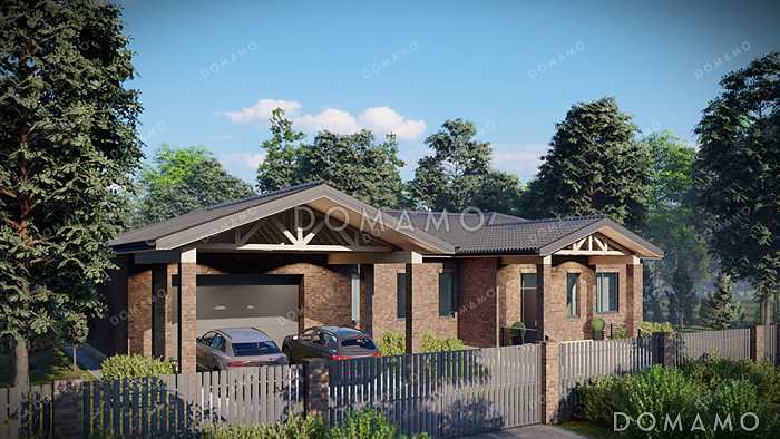 Проект дома с подвалом, гаражом, навесом, тремя спальнями и террасой