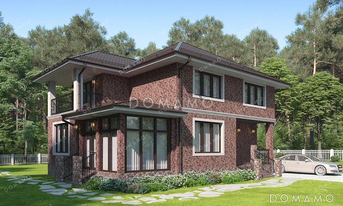 Проект двухэтажного дома с тремя спальнями и верандой