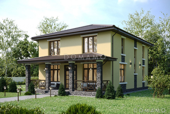 Проект двухэтажного дома с 4 спальнями, кабинетом, просторной кухней-гостиной и длинной крытой террасой