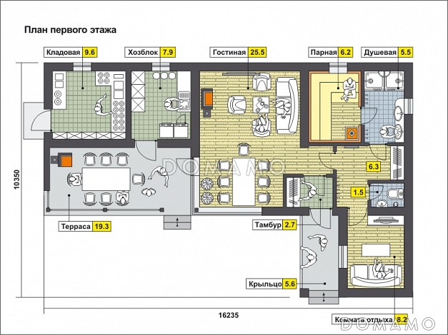 Проект одноэтажного дома с крытой террасой с барбекю, кладовой, хозблоком, гостиной с камином, парной и комнатой отдыха / План 1 этажа