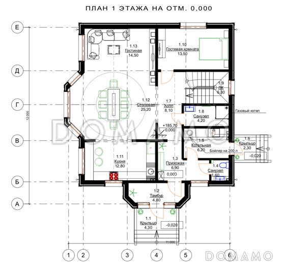 Проект деревянного дома с 3 спальнями и кабинетом на мансарде, гостевой комнатой и просторной дневной зоной / План 1 этажа