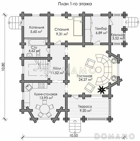 Проект красивого двухэтажного дома с хорошей планировкой / План 1 этажа