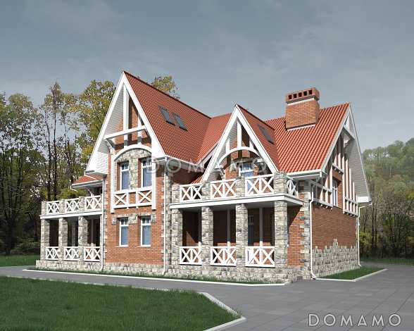 Проект загородного дома с эркером, с гаражом на две машины, двумя большими балконами и террасами