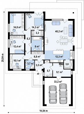 Проект удобного одноэтажного дома из кирпича с тремя спальнями, кабинетом и фронтальным гаражом / План 1 этажа