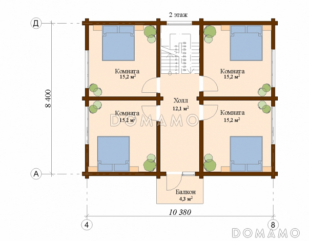 Проект двухэтажного дома из клееного бруса с относительно небольшой площадью / План мансардного этажа