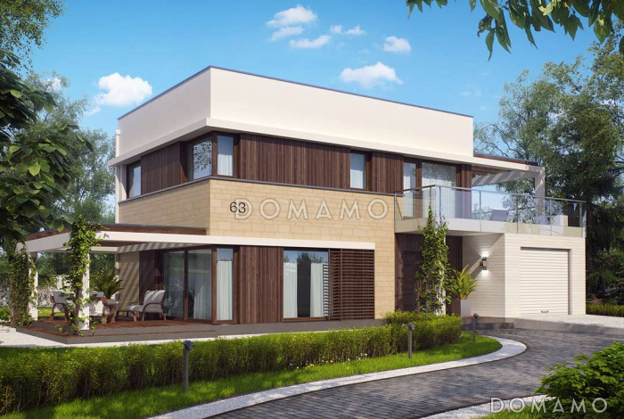 Проект современного двухэтажного дома из газобетона с плоской крышей с кабинетом, гаражом и крытыми террасами на обоих уровнях