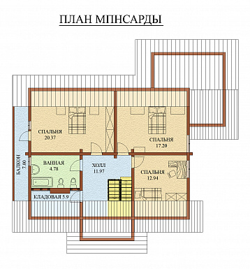 Проект дома из оцилиндрованного бревна, с мансардным этажом и зимним садом / План мансардного этажа