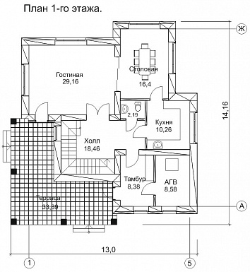 Проект двухэтажного дома с небольшой террасой / План 1 этажа
