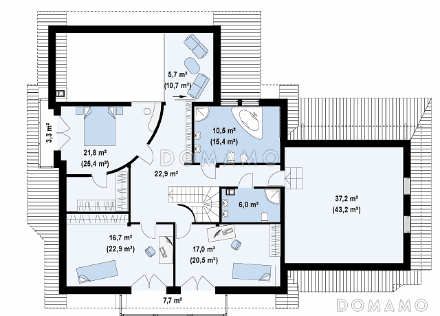 Проект просторного одноэтажного мансардного дома из кирпича с пятью комнатами, балконом и гаражом / План мансардного этажа