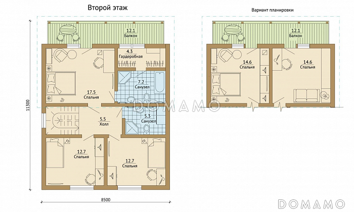 Проект каркасного дома с большим балконом на мансардном этаже / План мансардного этажа