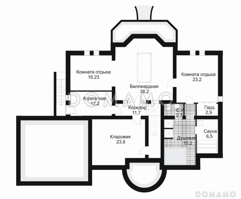 Проект дома с большим круглым эркером / План цокольного этажа