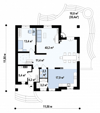 Проект загородного дома с цокольным этажом, камином на террасе, просторной гостиной, кладовой в кухне / План 1 этажа