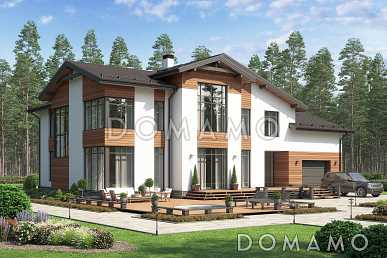 Проект дома с гаражом, двумя открытыми террасами, кабинетами, игровой на втором этаже, кладовыми