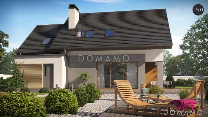 Проект одноэтажного мансардного дома из кирпича с большой гостиной, гаражом и частично крытой террасой