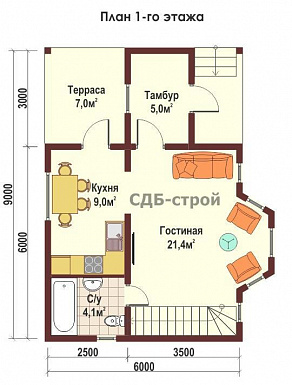 Дом из профилированного бруса ДПБ5 / План 1 этажа
