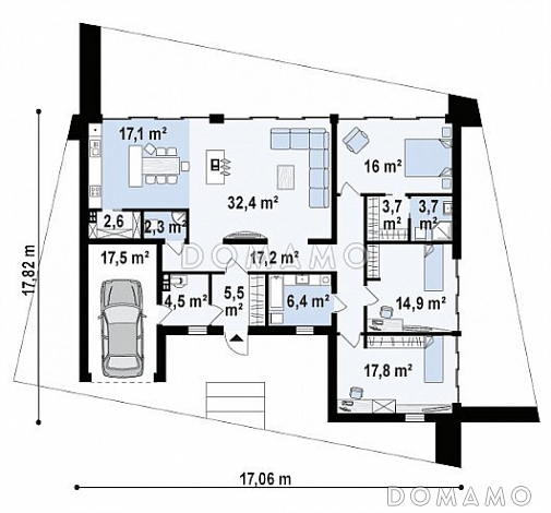 Проект просторного современного одноэтажного дома из газобетона с плоской крышей с тремя спальнями, крытыми террасами и одноместным гаражом / План 1 этажа