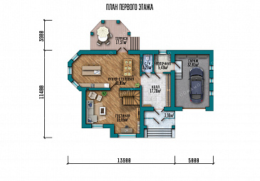 Проект двухэтажного дома с панорамным светлым окном и французским балконом в классическом стиле с эркером / План 1 этажа