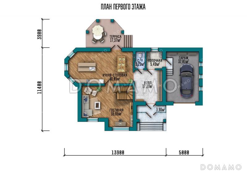 Проект двухэтажного дома с панорамным светлым окном и французским балконом в классическом стиле с эркером / План 1 этажа