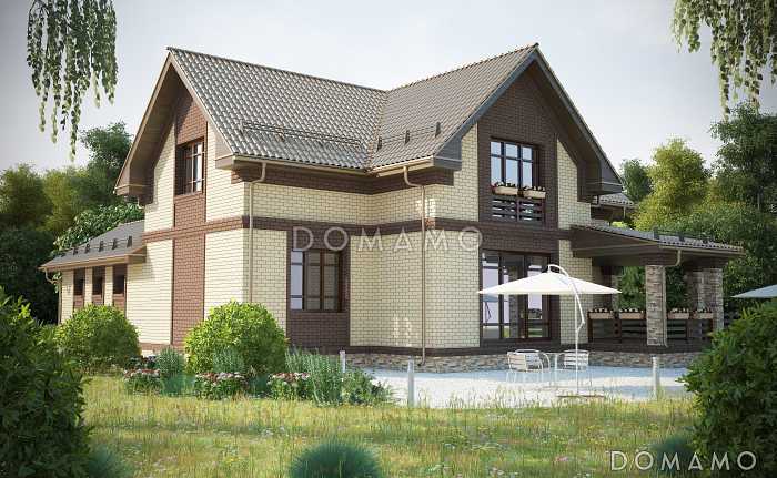 Проект красивого двухэтажного дома из СИП панелей c большим гаражом и террасой