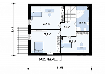 Проект одноэтажного мансардного дома из газобетона с кабинетом на первом этаже / План мансардного этажа