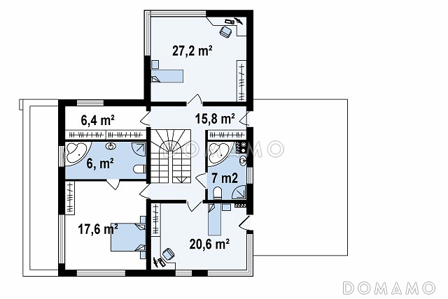 Проект современного двухэтажного дома из газобетона в стиле модерн, с террасой на втором уровне, с двухместным гаражом / План 2 этажа