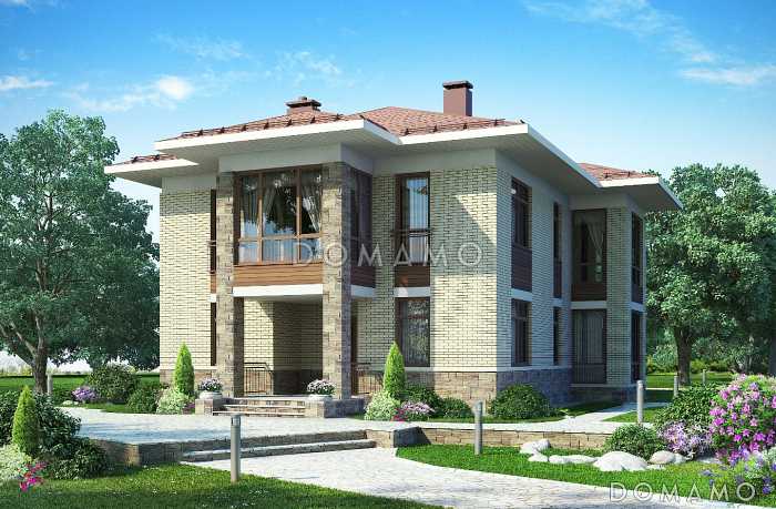 Проект двухэтажного дома с большой гостиной, четырьмя спальными комнатами и балконом