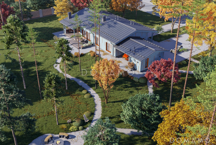 Проект каркасного дома с 3 спальнями, террасой и отдельным хозблоком