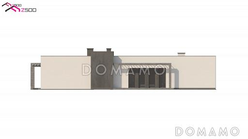 Проект просторного современного одноэтажного дома из газобетона с плоской крышей, с тремя спальнями, террасой и гаражом для трёх автомобилей / Фасад 3
