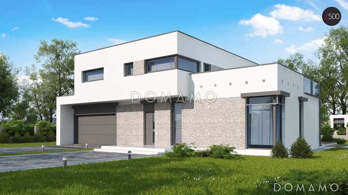 Проект современного двухэтажного дома из газобетона в стиле модерн, с террасой на втором уровне, с двухместным гаражом