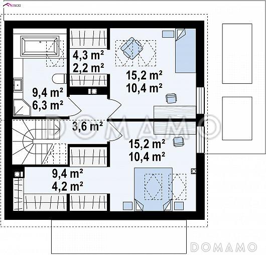 Проект компактного одноэтажного мансардного дома из газобетона с кабинетом и двумя спальнями / План мансардного этажа