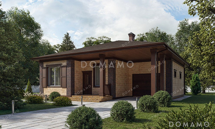 Проект одноэтажного дома с террасой и гаражом для автомобиля