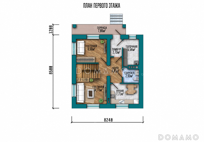 Проект дома с изолированной кухней, вместительной котельной и тремя спальнями на мансарде / План 1 этажа