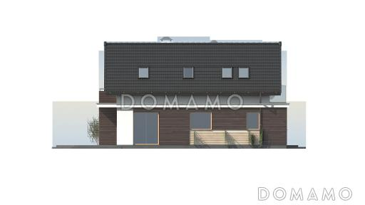 Проект аккуратного одноэтажного мансардного дома из кирпича для узкого участка / Фасад 2