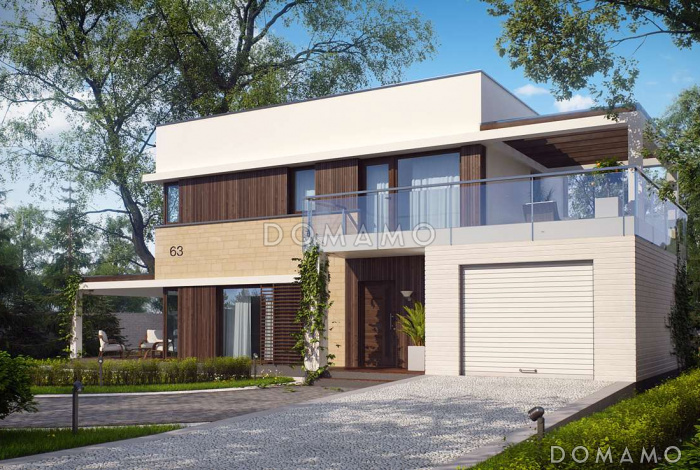 Проект современного двухэтажного дома из кирпича с плоской крышей с кабинетом, гаражом и крытыми террасами на обоих уровнях