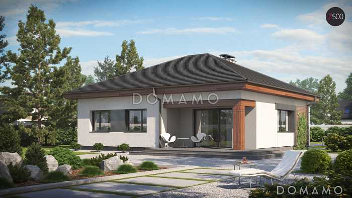 Проект одноэтажного дома из кирпича с тремя спальнями и небольшой крытой угловой террасой