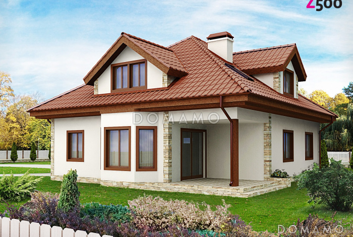 Проект просторного одноэтажного мансардного дома из газобетона с кабинетом, эркером и гаражом