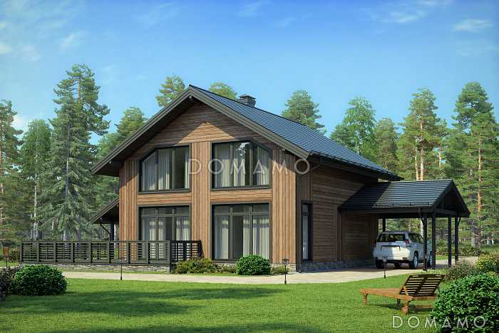 Проект дома из газобетона с большой террасой и навесом для автомобиля