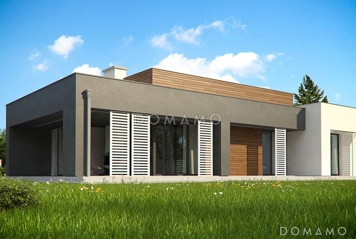 Проект одноэтажного дома из кирпича с плоской крышей, большой площадью остекления и крытой террасой, увеличенная версия