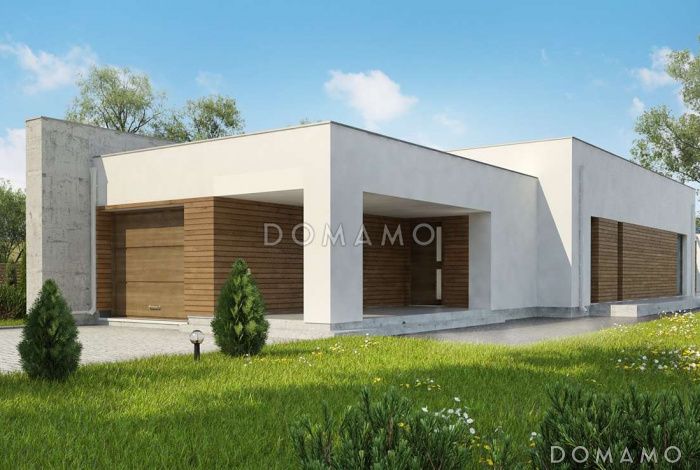 Проект современного одноэтажного дома из газобетона для узкого участка с плоской крышей с тремя спальнями и гаражом 