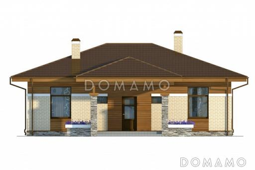 Проект одноэтажного дома с двуцветной облицовкой и большим эркером гостиной / Фасад 1