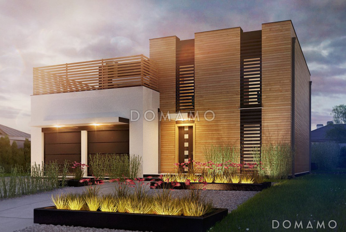 Проект двухэтажного загородного дома с плоской крышей, гаражом, террасами