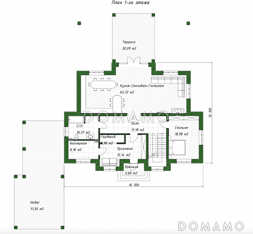 Проект двухэтажного дома из газобетона с пристроенным навесом, верандой и камином / План 1 этажа
