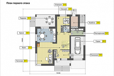 Дом с гаражом на одну машину, спальней на первом этаже, бильярдной в подвале / План 1 этажа