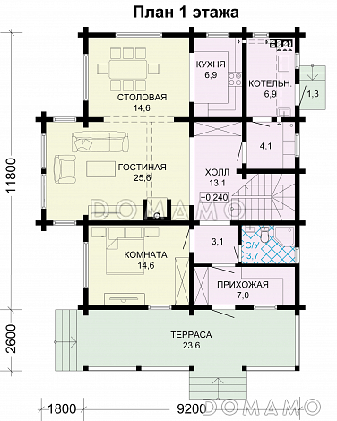 Проект дома из бруса с большой крытой террасой / План 1 этажа