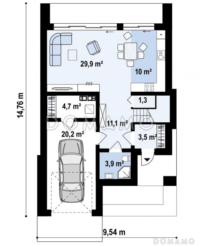 Проект загородного дома с плоской крышей, кладовой под лестницей, вытянутой ванной на втором этаже / План 1 этажа