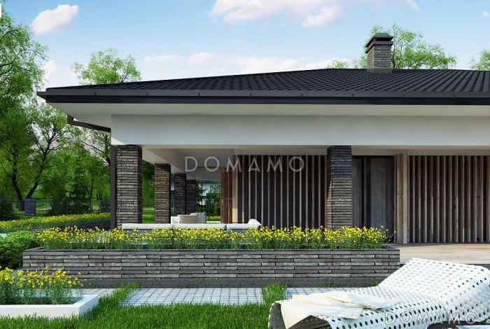 Проект просторного стильного одноэтажного дома из газобетона с тремя спальнями, гаражом и крытой террасой