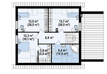 Проект одноэтажного коттеджа из газобетона с мансардным этажом, большой светлой гостиной и пристроенным гаражом / План мансардного этажа