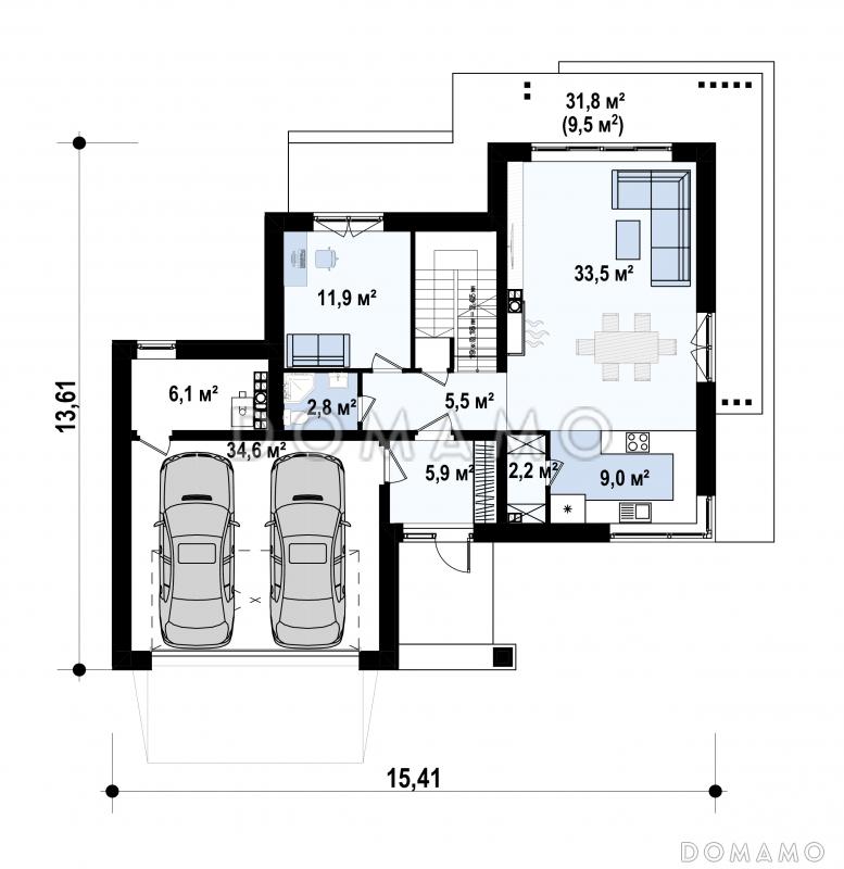 Проект двухэтажного дома с подвалом, гаражом на 2 машины, кабинетом, мастер-спальней  с балконом / План 1 этажа