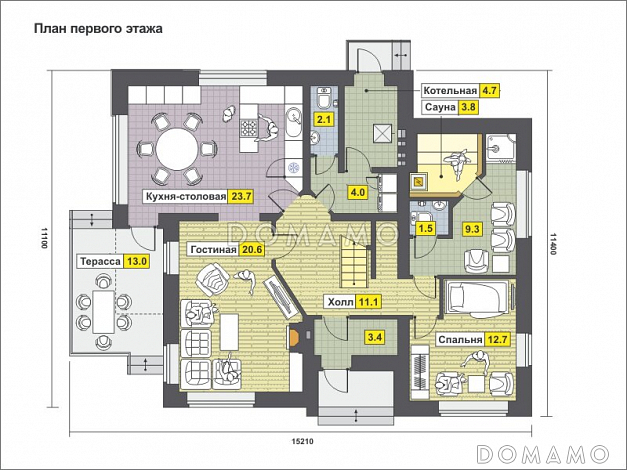 Загородный дом из СИП панелей с кухней-столовой, сауной, спальней на первом этаже, террасой / План 1 этажа
