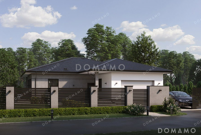 Проект одноэтажного дома с большой террасой и гаражом